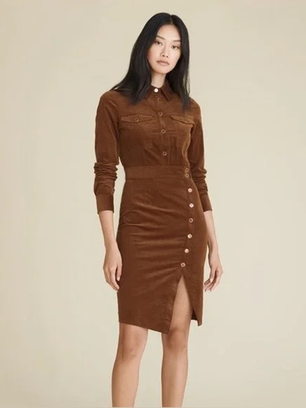 Veronica Beard Britton Corduroy Button-Front Shirt Dress in Brown Sz 6